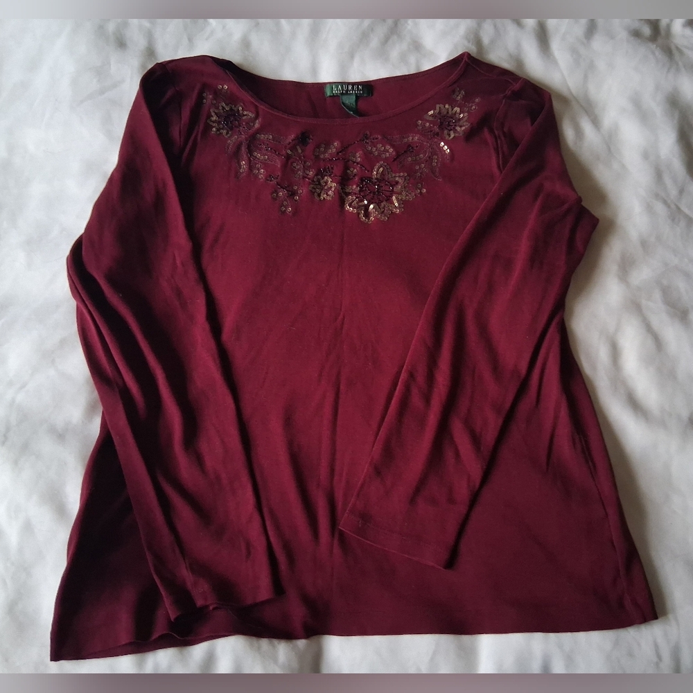 Lauren Ralph Lauren Burgundy Long Sleeve Top with Floral Bead Detail